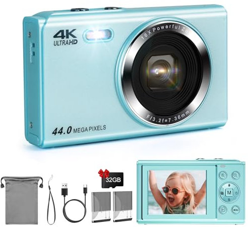 Digital Camera, LAMA 1080P FHD 44MP Kids Vlogging Camera with 32GB SD Card, 16X Digital Zoom Compact Camera with 2 Batteries, 2.4 LCD Screen Mini Camera for Kids, Boys, Girls, Teenagers Blue
