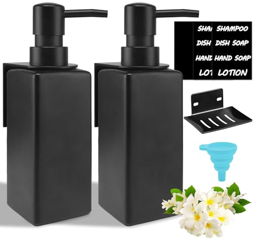 Distributeur de Savon Mural 2 Pièces 350ml Distributeur de Savon en Verre Noir Mat avec 12 étiquettes Imperméables Distributeur Gel Douche pour Cuisine et Salle de Bain