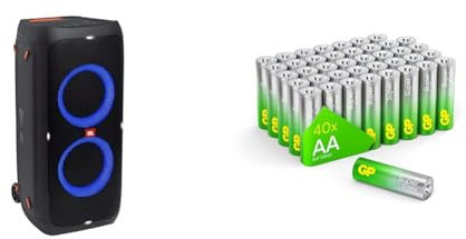 JBL PartyBox 310 in Schwarz – Trag- und rollbarer Bluetooth Party-Lautsprecher mit Lichteffekten – Spritzwassergeschützte & GP Batterien AA 1
