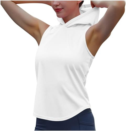 Tee Shirt à Capuche sans Manches pour Femme Débardeur Sport Yoga Fitness Court T Shirt Personnalisé à Capuche Couleur Unie Jogging Sportwear Décontracté Casual Top D’entraînement Port Quotidien