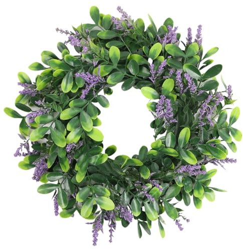 Lavender Wreath for Front Door, Artificial Flower Wreath 14'' Green Eucalyptus Wreaths with Lavender Decorative Spring Wreath for Window Porch Spring Wreath