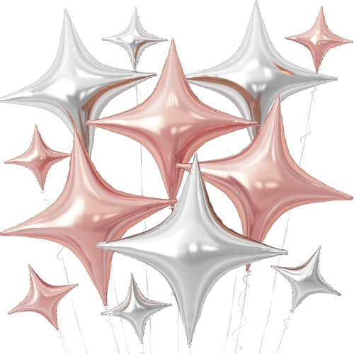 Rose Gold Silver Star Balloons,12Pcs Four Angle Star Foil Balloon,26Inch and 10Inch Rose Gold Silver Quadrangle Helium Polyester Film Balloons for Birthday Anniversary Wedding Party Decorations