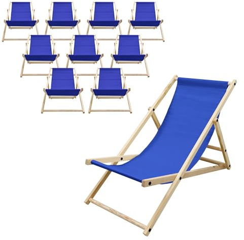 ECD Germany 10er Set Liegestuhl klappbar, Blau, aus Holz, verstellbare Rückenlehne, 3 Positionen, bis 120 kg, Sonnenliege Gartenliege Strandliege Strandstuhl Holzklappstuhl, für Garten Balkon & Strand