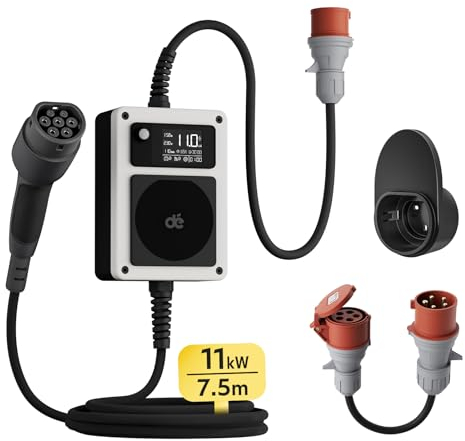 dé Mobile Wallbox 11kW [3-phasig|7,5m|6-16A] mit Ladekabel, CEE auf Typ 2 mit Stromzähler, EV Ladegerät/Ladestation für Zuhause Model Y/3, ID.3/4/5, MG4, EX30, e-up, e-tron, Zoe und andere EV/PHEV