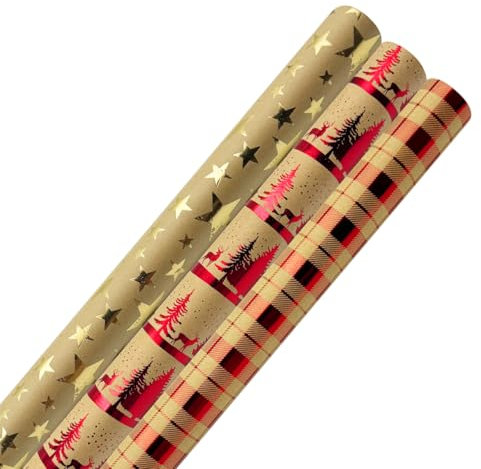 3 Rollen metallisches und brillantes Geschenkpapier, rotes Weihnachtsgeschenkpapier mit Elchstern und Gitter als Geschenkdekoration für Weihnachtsgeburtstage
