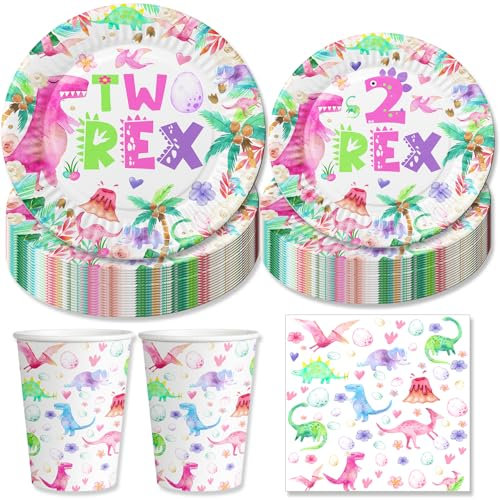 Pink Dino Birthday Paper Plates Napkins and Cups for 30 guests (Pink TWO)