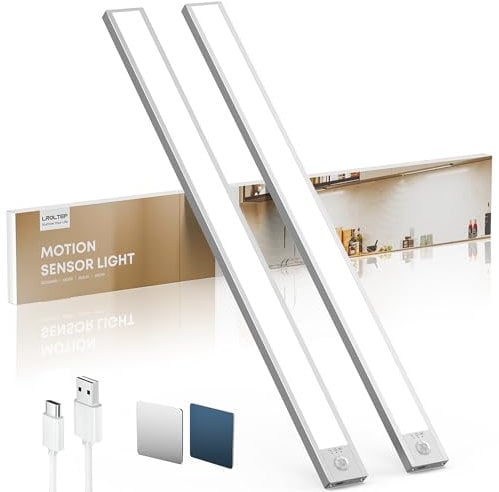 LROLTEF Under Cabinet Kitchen Lights Motion Sensor Dimmable 50cm 3000mAh 6500K LED Under Counter USB-C Rechargeable Wardrobe Sensor Indoor Night Lights for Kitchen Shelf Stairs Closet 2 Pack