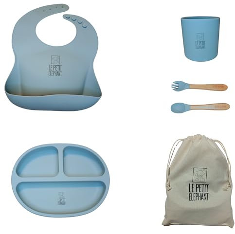 Vajilla de silicona de bebé (AZUL), cubiertos, babero, vaso, aprendizaje