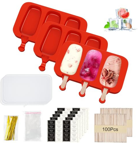 3 Stück Silikon Eisformen, Eis Am Stiel Formen, Große Popsicle Formen mit Deckel, Rot Silikon Eisform mit 100 Holzstielen 100 Selbstklebende Beutel 100 Verpackungsdraht 100 Aufkleber MERHWEG