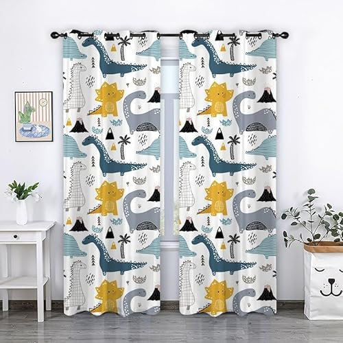 ZZTBQ Dino Gardinen Blickdichte Vorhänge Cartoon Dinosaurier Gardinen Vorhang Thermovorhang mit Ösen für Schlafzimmer Wohnzimmer Verdunklungsvorhang, 75x166 cm (BxH), 2er Set