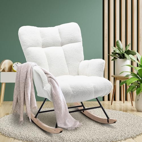 Aunekiv Schaukelstuhl, Stillsessel Schaukelsessel, Teddystoff Gepolsterter Schwingsessel Lesesessel Relaxstuhl Sessel mit Holzkufen, Armlehne, für Wohnzimmer, Schlafzimmer, Babyzimmer, Weiß