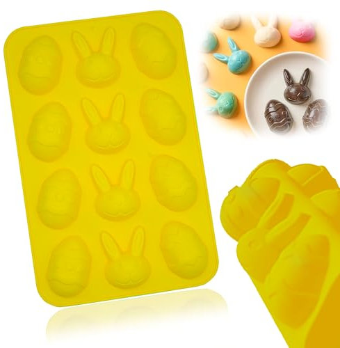 Easter Silicone Cake Mould Yellow, 12 Cavity Egg Bunny Shaped Non-Stick Baking Tray, Reusable Chocolate Candy Jelly Mold, Flexible Bakeware for DIY Easter Treats, 22.5cm