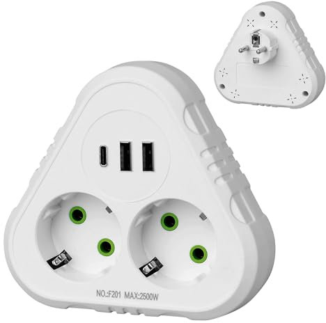 Anluomafuy Multiprise Electrique (10A/2500W), Multiprise 2 Prises avec 2 Ports USB, 1Type-C, Bloc Multiprise Parafoudre et Surtension, Extension de Prise d'alimentation Sécurisée (Blanc)