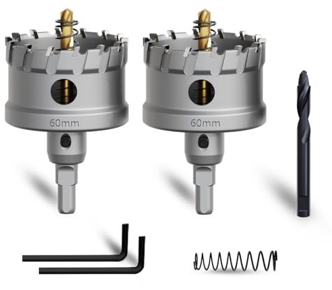 METOTY Lot de 2 scies cloches en métal, 60 mm, en carbure de tungstène, avec un foret de guidage nitré supplémentaire gratuit et une clé en L, pour acier, fer, aluminium, métal