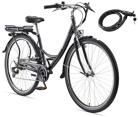 Teutoburg Senne Fahrrad Pedelec Citybike Elektrofahrrad schwarz, E-Bike 28 Zoll, 10,4 Ah/36V Lithium Ionen Akku, 7-Gang Kettenschaltung, inkl. Panzerkabelschloss