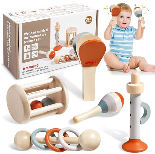 Musikinstrumente für Kinder, 5-Teiliges Montessori Musikinstrumente für Babys, Baby Musikspielzeug, Percussion Set Mit Maracas, Trompete, Kastagnetten, Geburtstagsgeschenk für Kinder von 1-3 Jahren