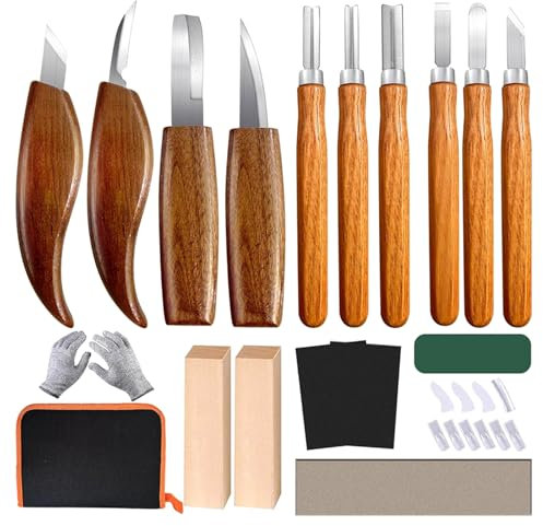 Holz Schnitzwerkzeug Set, 18 in 1 Schnitzset Mit 10 Schnitzmesser Für Kinder&Erwachsene, Holzwerkzeug Für Anfänger/Profis Schnitzen Mit Schnittfeste Handschuhe Und Schleifsteine