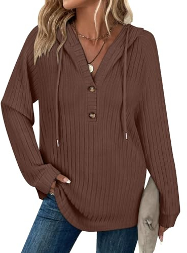 Syphiby Hoodies for Women Ladies Jumpers Long Sleeve Tops V Neck Pullover | Drawstring Button Casual Sweatshirt Spring Autumn Winter Tunic Clothes S-XXL