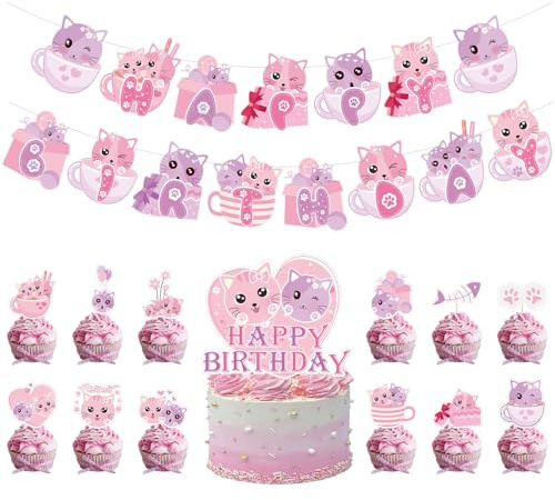 Katzengeburtstagsparty-Dekoration, Happy Birthday-Katzenbanner, 10 Kuchenaufsätze, 1 großer Kuchenaufsatz, 24 Luftballons, für Katzenparty-Zubehör, Katzenliebhaber, Kinder-Katzen-Themenparty