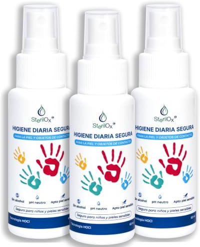 SterilOx Lot de 3 sprays 60ml - Solution HOCl pour les mains - Sans alcool | Sans alcool, sans parfum, format voyage