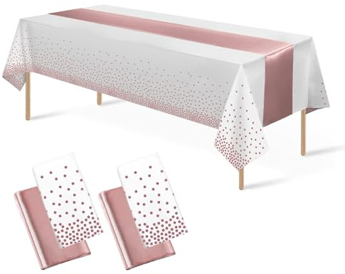 4Pack Disposable Plastic Tablecloths 137 * 274 cm and Satin Table Runner,Party Table Cloths,Gold Dot Confetti Table Cover for Birthday, Engagement, Wedding (White Rose Gold+ Rose Gold Table Runner)