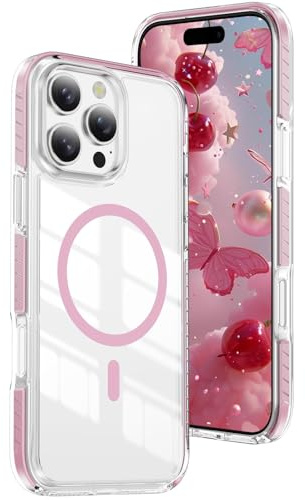 IMEIKONST Coque Magnétique pour iPhone 13 Pro Max Transparent Rose CHTM | Compatible avec MagSafe, Étui Aimantée Anti-Jaune Anti Rayures, Dos PC et TPU Mince Housse, Protection Antichoc Militaire