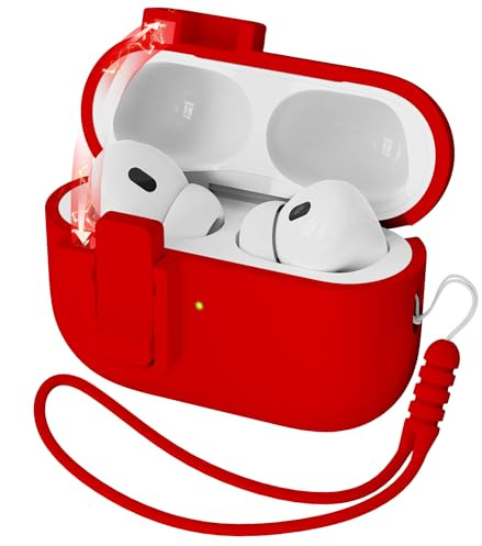 R-fun for AirPods Pro 2nd Generation Case Cover, Liquid Silicone Rubber Auto Pop-Up Military Grade Anti-Fall Soft Silicone for AirPods Pro with Lanyard & Cleaning Kit, Front LED Visiblered