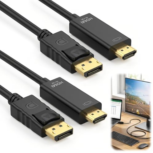 4K ​DisplayPort to HDMI Cable​ 1.8M, 2-Pack Gold-Plated Uni-Directional ​DP to HDMI Cable​ Cord 4K@30Hz/2K@60 1080P Adapter Compatible with Lenovo HP Dell ASUS NVIDIA AMD Projectors & Monitors (Black)