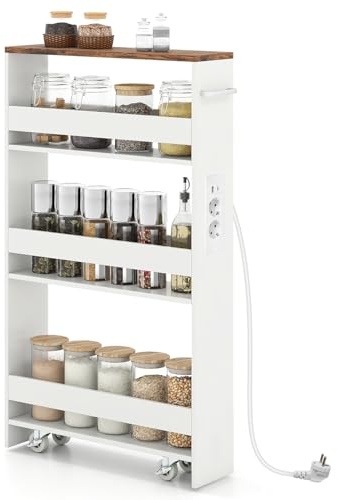 GIANTEX Carrello per Nicchia da 20 cm di Larghezza, con Base di Ricarica, 4 Piani in Legno su Ruote, Scaffale Sottile per Cucina e Bagno (Industriale+Bianco, Largo 13 cm, con presa)