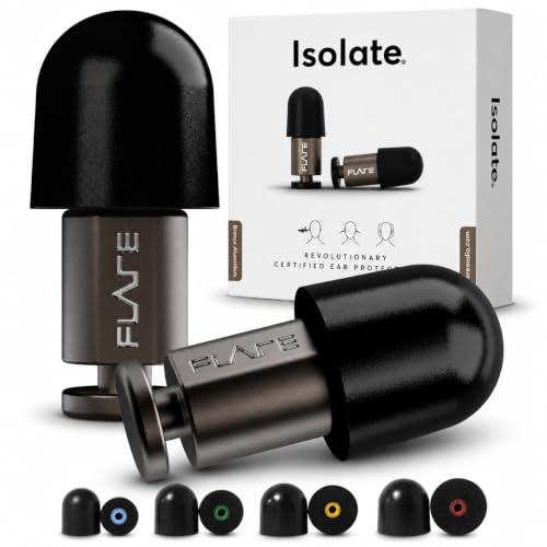 Flare Audio Isolate | Reusable Ear Plugs for Concerts, Festivals and Work | 30dB SNR Noise Reduction, Aerospace Aluminium, 4 Memory Foam Tip Sizes, For Concerts, Motorbikes and Noisy Workplaces