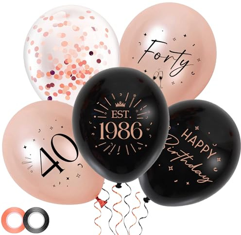 40th Birthday Decorations Party Balloons - 30pcs Black Rose Gold 40 Balloons for Women, Forty Latex Balloon with Ribbon for 40 Year Old Party