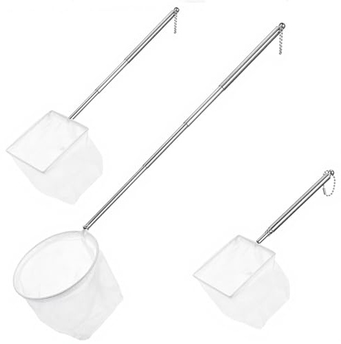 JJUNW 3 Stück Aquarium Garnelennetz, Kescher Aquarium Fischnetz 8/10cm | Mini feinmaschig Fischnetz mit Ausziehbarem Edelstahlgriff Langem Griff Garnelen Fangnetz für Fischbecken Kleine Teiche Pools
