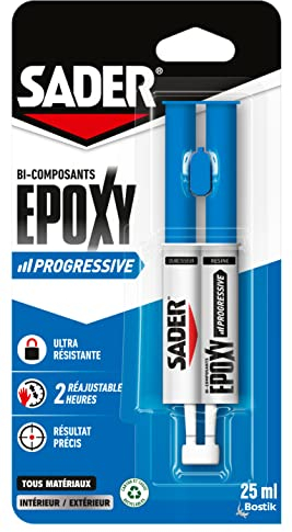 Sader Colle Epoxy Progressive – Colle Bi-Composants – Colle de Réparation Réajustable – Intérieur/Extérieur – Tous Matériaux – Spatule et Récipient pour Mixer Inclus –Seringue de 25 ml