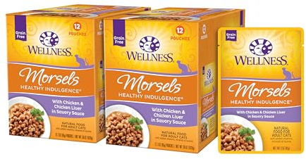 Wellness Healthy Indulgence Morsels Adult Wet Cat Food, Natural, Protein Rich, Grain Free, Chicken Recipe, 3 oz, Pack of 24 Pouches