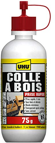 UHU Colle à bois express - Plus forte que le bois, résistante à l'humidité, D2, sans solvants, embout de précision, transparente, biberon 75g