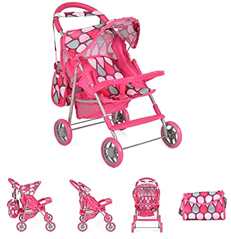 Moni Puppenbuggy, Puppenwagen 9617, Schiebehöhe 50 cm, Sonnendach, Sicherheitsgurt