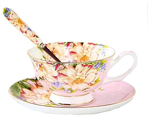 Gift Set Vintage Fine Bone China Tea Cup Spoon and Saucer Set Gold Trim Fine Dining and Table Décor (Pink Rose)