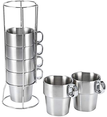 6 uds taza de café de acero inoxidable con soporte, taza apilable aislada taza de café Espresso de doble capa para bebidas de café y té