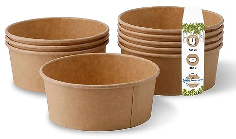 BIOZOYG Kraftkarton-Schale 650 ml I 300 St. kompostierbare Suppenschalen aus Kraftkarton - Salatschale mit PLA Innenbeschichtung I To-Go-Geschirr ohne Plastik I Karton-Schalen braun rund 300 Stück
