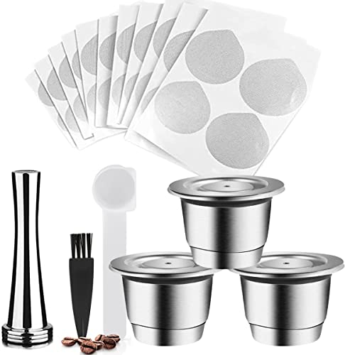 RECAFIMIL Wiederverwendbare Kapseln, 3 Stück, Edelstahl, nachfüllbar, mit Tamper, kompatibel mit Maschine, 3 Kapseln, 1 Tamper, 120 Folienaufkleber