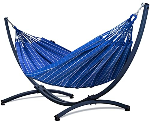 Potenza Outdoor Hängematte mit Gestell für 2 Personen I Catargo - Baumwolle Doppelhängematte XXL 220x160, 220kg I Hängemattengestell 220kg, wetterfest (Blau, Basic Gestell Graphit)