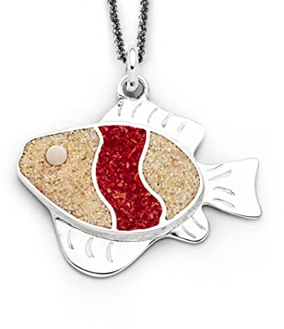 DUR Anhänger Fisch für Halskette aus 925 Sterling Silber mit Strandsand und roter Mosaikkoralle veredelt, Beige/Rot, 38x 40 mm, P4045