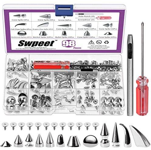 Swpeet 98Pcs Mixed Shape Spikes Screwback Studs Rivets Kit (Silver)
