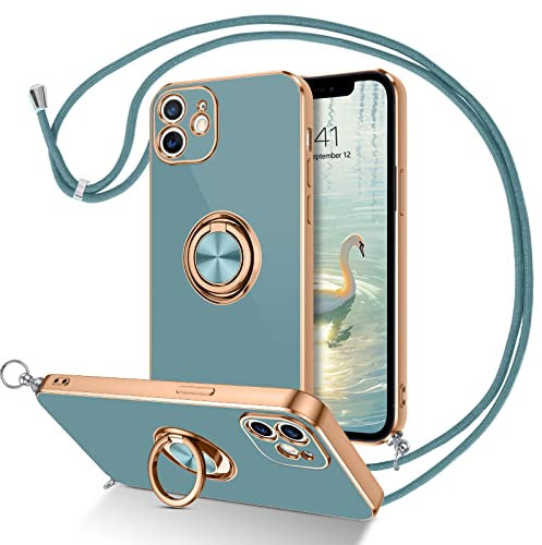 DUEDUE Coque pour iPhone 12 Cordon avec Anneau Rotatif, Protection Caméra Souple Fine Doublure Microfibre, Coque Bague avec Corde Bandoulière Réglable pour iPhone 12 Lanière, Girs Vert