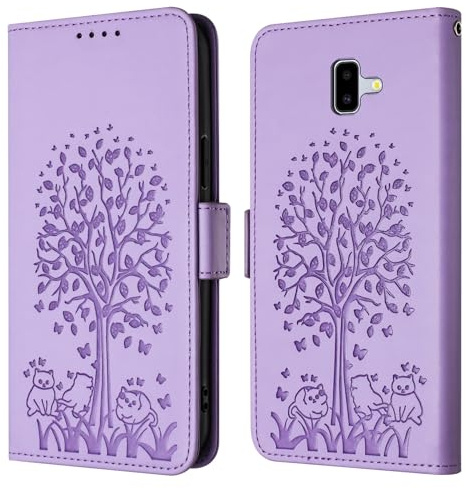 Feyten Cover per Samsung Galaxy J6 Plus 2018, Custodia in Pelle PU con Interno TPU Antiurto, Serie Gatto e Albero Flip Cover Custodia Portafoglio per Samsung J6 Plus 2018 (Purple)