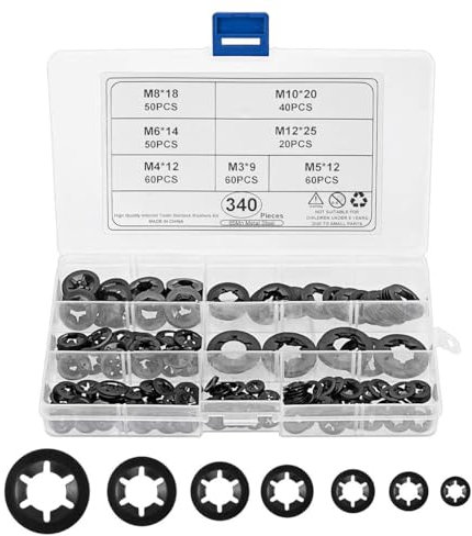 340 pezzi di anelli di sicurezza, rondelle di sicurezza, anelli di bloccaggio a denti interni, assortimento di anelli rapidi M3 M4 M5 M6 M8 M10 M12