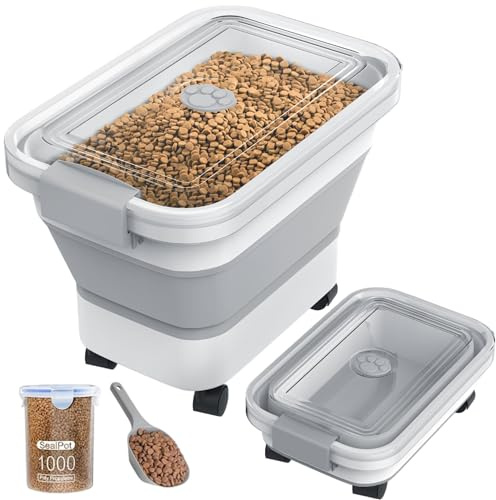 DDMOMMY 20-23 Lbs Dog Food Storage Container, Collapsible Dog Food Container with Transparent Airtight Lid,Multifunctional Pet Food Storage Container for Dog Cat,Rice,Flour,Pet Food Scoop and Dog Bowl