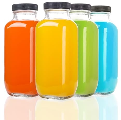 YBCPACK 4 Pack 500ml Glass Juice Bottles, Square Glass Bottles with Lids,Label, Pen,Brush,Clear Smoothie Bottle for Milk,Water,Drinks.(Dishwasher Safe & Leak Proof)