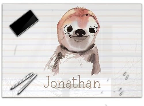 Schreibtischunterlage personalisiert mit Namen | wasserfeste Schreibunterlage, abwischbar, glatt | stabiles, hochwertiges Acrylglas, Kinder Kunststoff Tiere | 60x40cm 20- Faultier