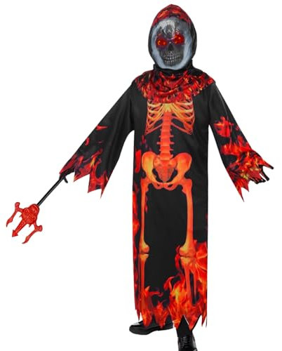 Costume da Tristo Mietitore del Fuoco per Bambini, Mantello con Cappuccio Teschio del Diavolo e Guanti Maschera Abito Rosso Forcone Vestito da Festa di Halloween Cosplay (S)